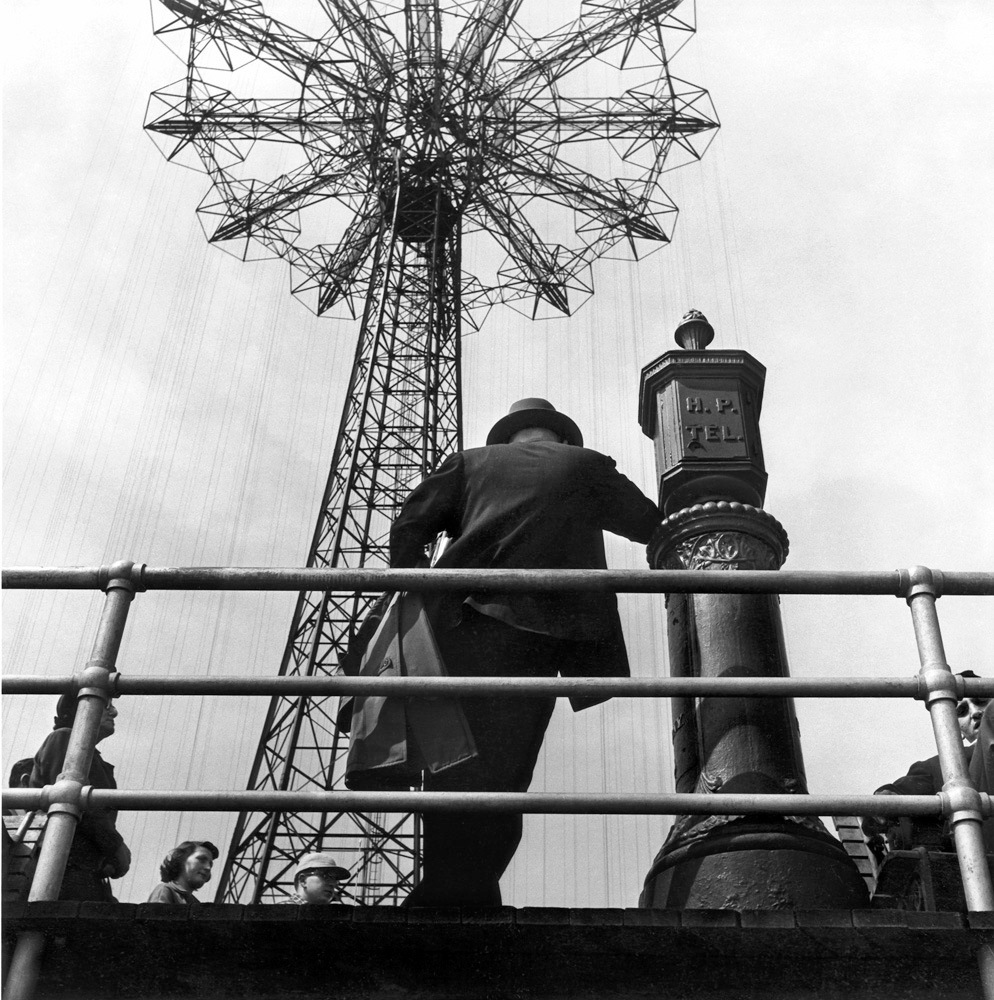 Man standing near Parachute Jump, 1949