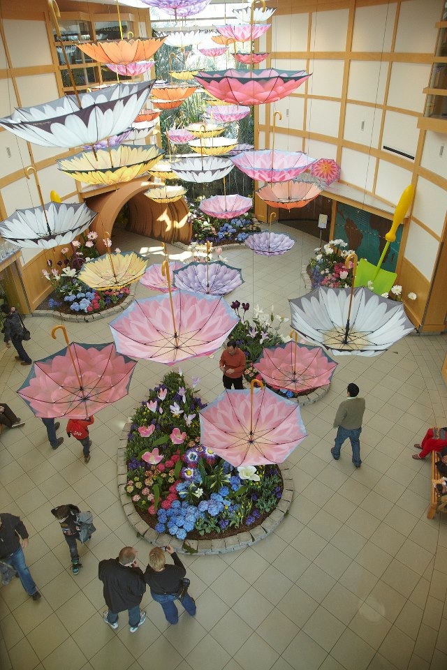 The Cleveland Botanical Gardens hangs 70 Harold Feinstein umbrellas in its foyer to celebrate spring!