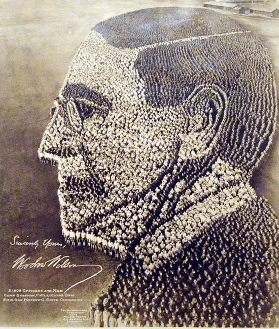 A photo by Arthur S. Mole and John D. Thomas  A portrait of President Woodrow Wilson, formed of 21,000 officers and men at Camp Sherman, Chillicothe, Ohio, 1918