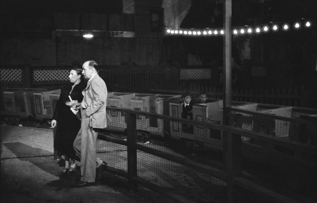 Couple by night train ride,   1956