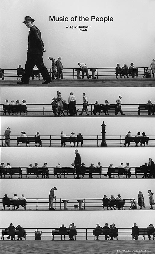 Acik Radyo Music of the People poster with Coney Island Boardwalk Montage, 1950 © Harold Feinstein