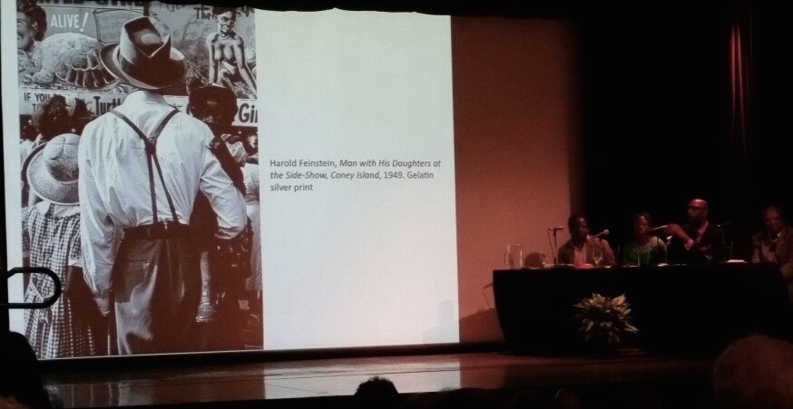 Man with daughters at side-show, 1949, discussed as part of the Race and identity panel at the Wadsworth's symposium on Coney Island, February 28, 2015