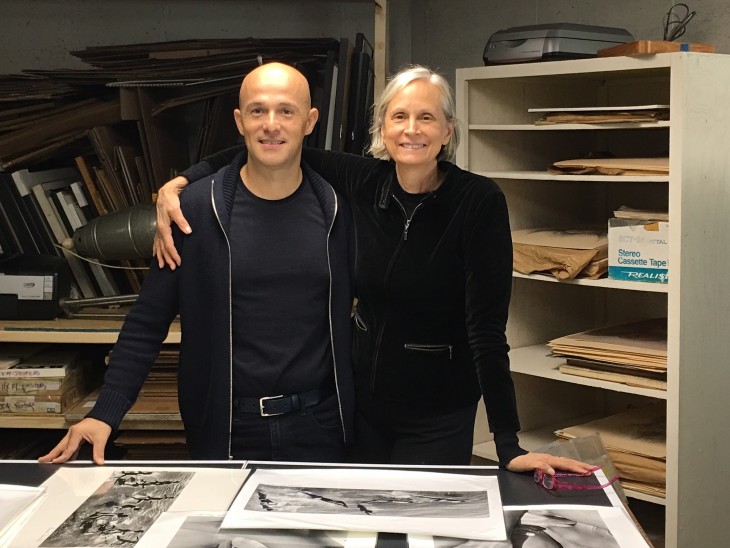 Thierry Bigaignon and Judith Thompson at the new studio reviewing prints for the 2017 Paris show. ©John Benford, 2016.